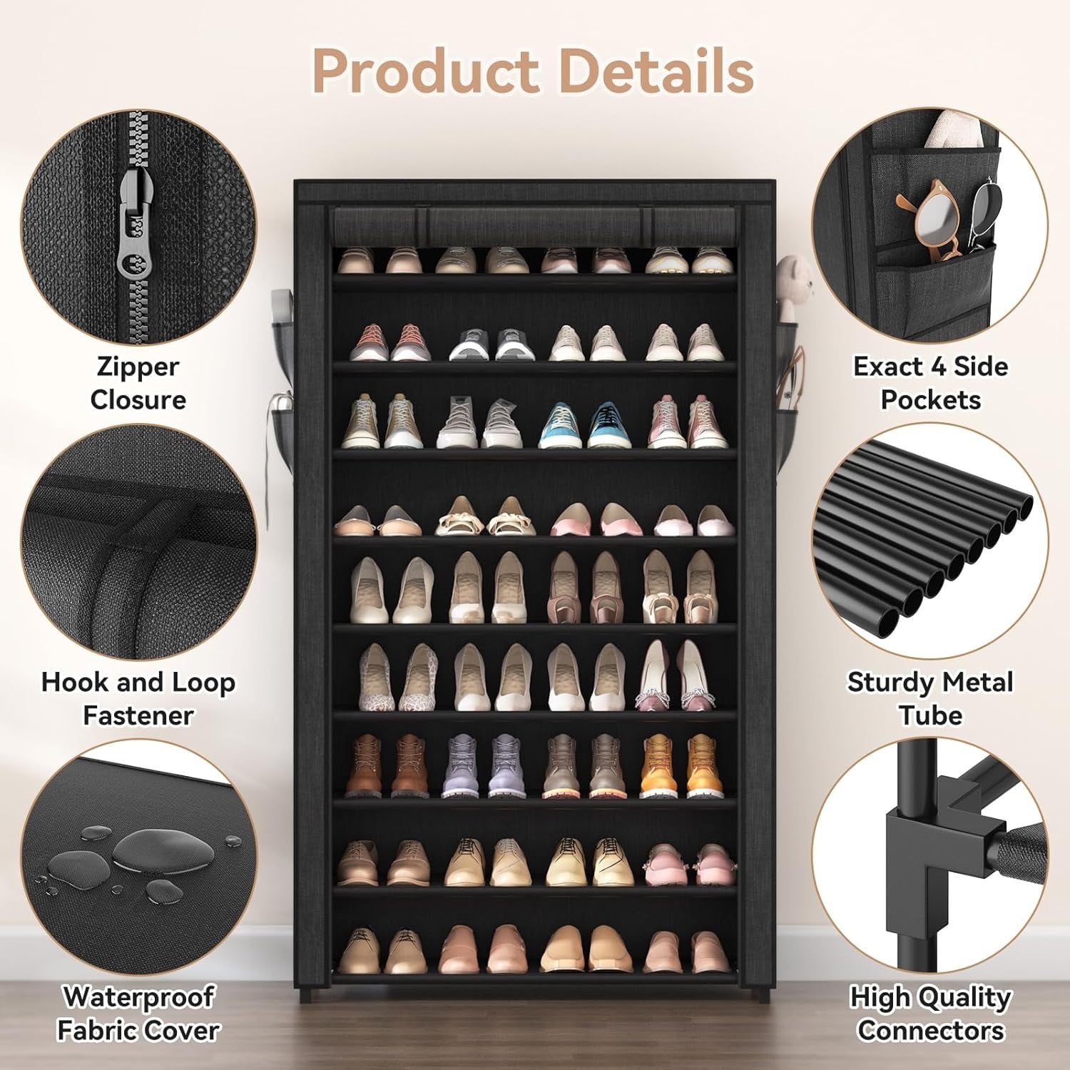10-Tier Vertical Shoe Rack Storage with Cover, Holds up to 40 Pairs of Shoes, 40 Count, 1 Pack