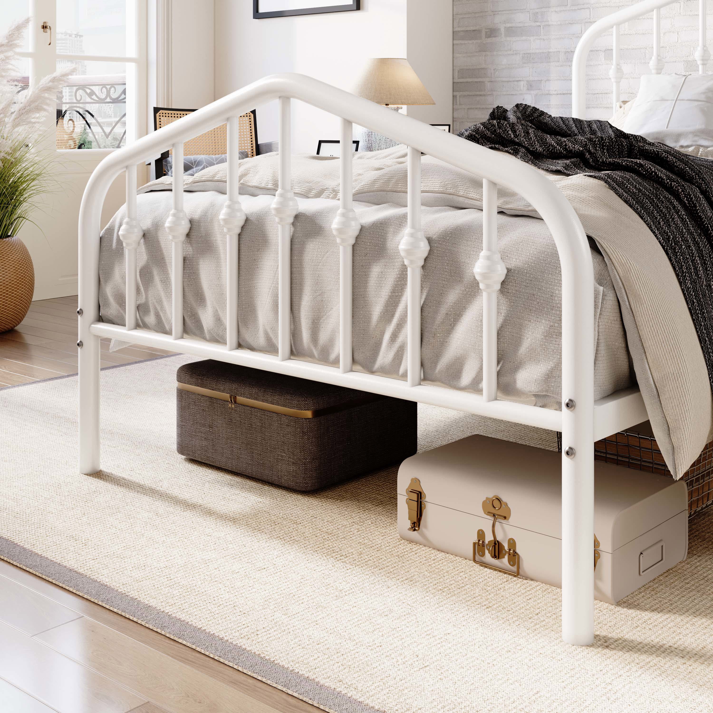 Amolife Twin Size Bed Frame, Heavy Duty Metal Platform Bed with Victorian Vintage Headboard & Footboard, White