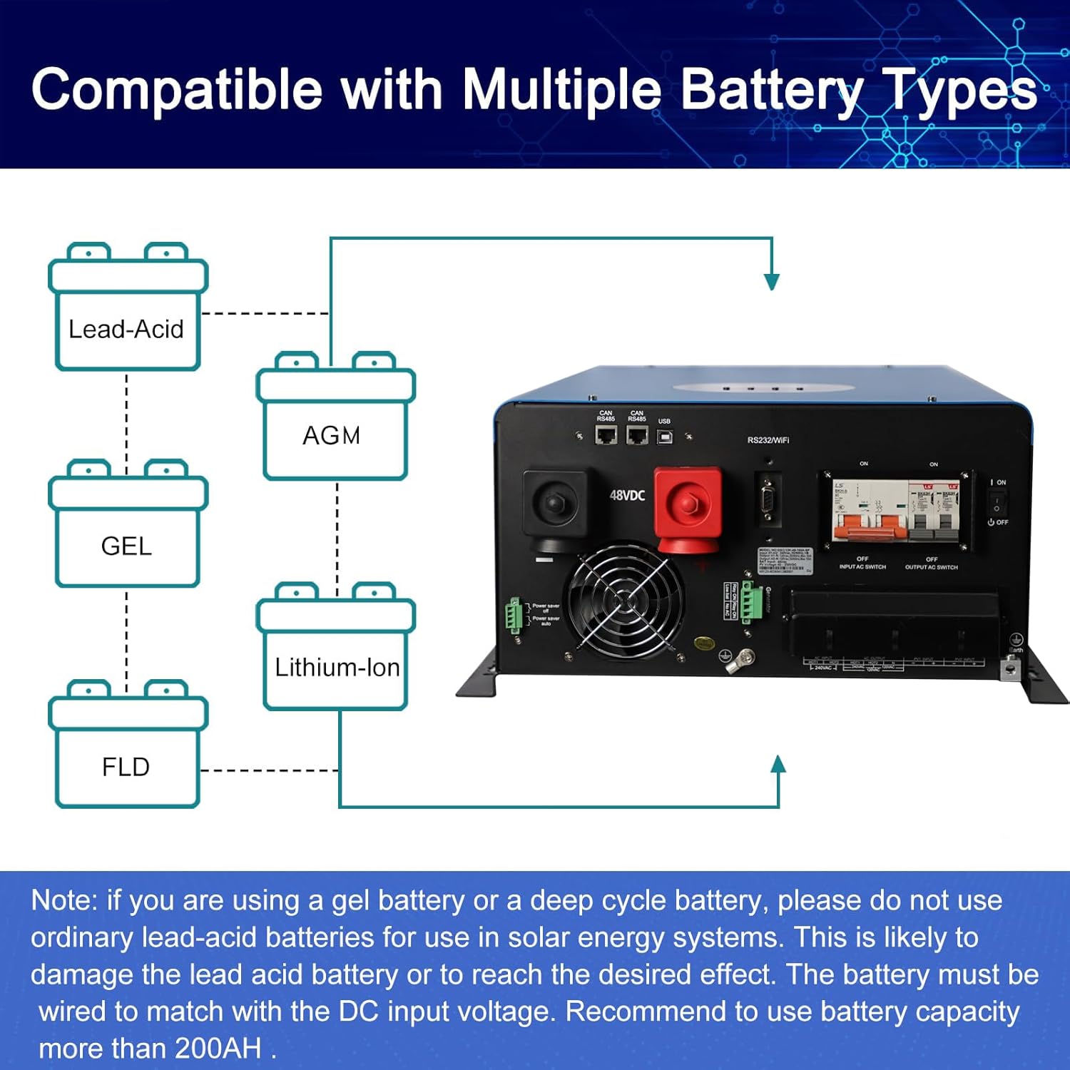 8KW Solar Hybrid Inverter Off Grid Inverter 110/220Vac Low Frequency DC 48V AC Input 240V AC Output 120V/240V Split Phase Pure Sine Wave Power Converter with 2x80A MPPT Charger Controller 8000W