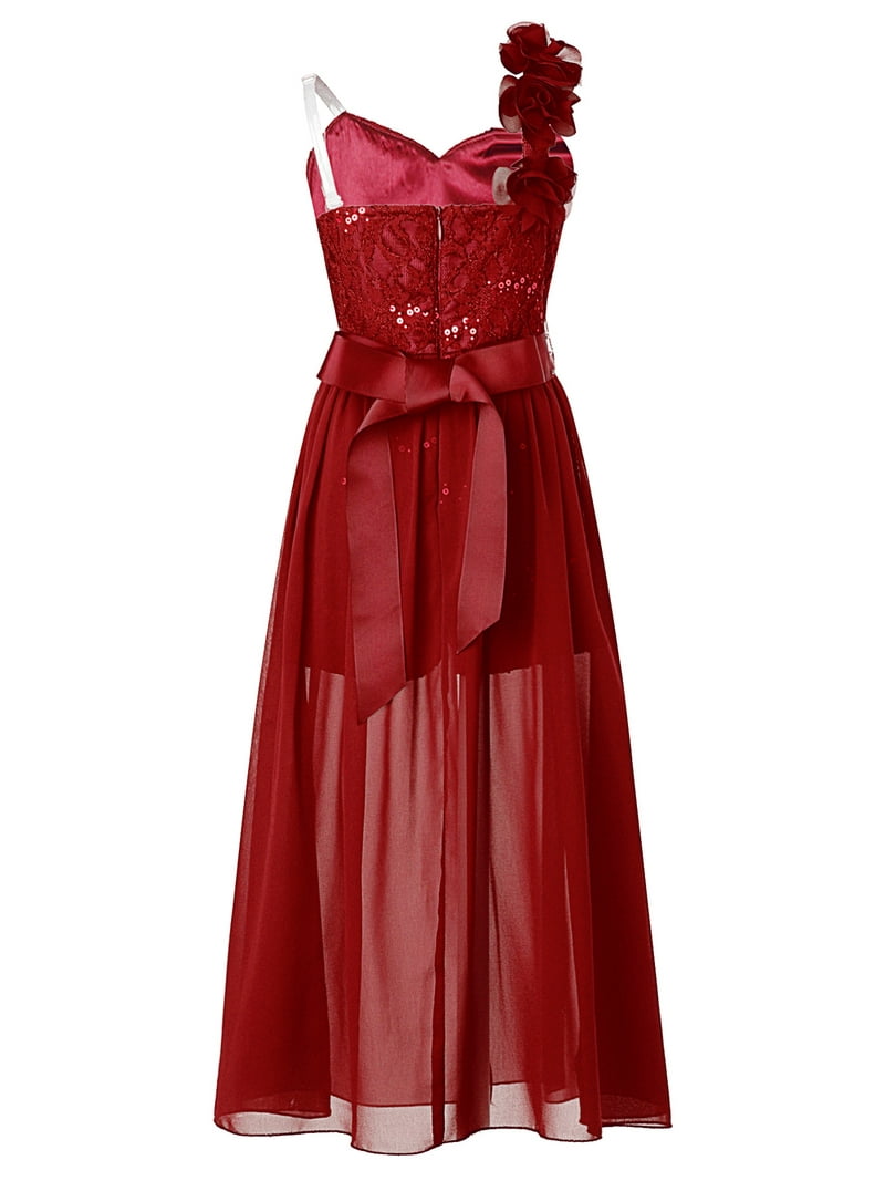 iiniim Kids Girls One Shoulder Floral Lace Bridesmaid Wedding Flower Girl Dress  Burgundy 6 - Walmart.com