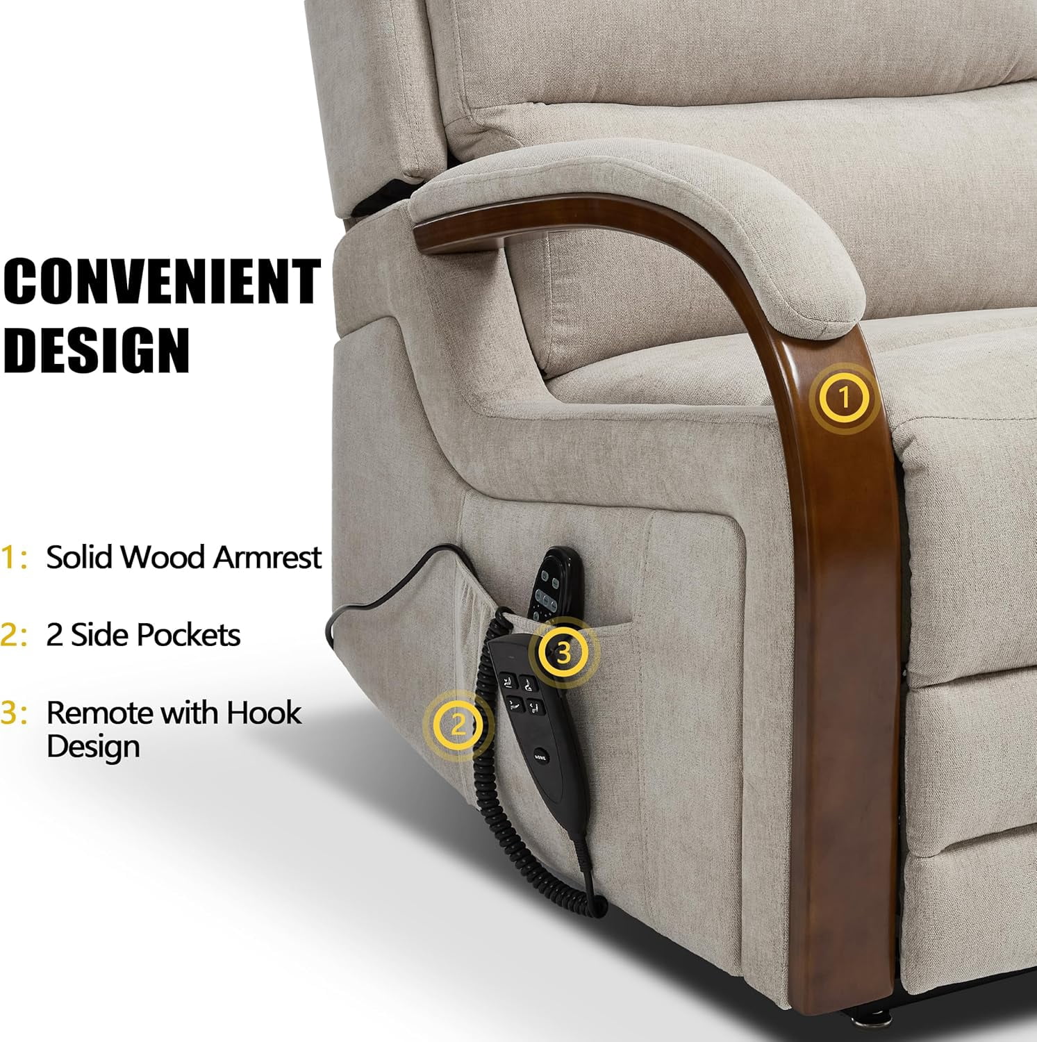 Power Lift Recliner Chair for Elderly People, Dual Motor Lift Chair with Vibration Massage and Heat, Lay Flat Recliner with Solid Wood Armrest, Standing Assistance Reclining, Chenille Fabric Beige