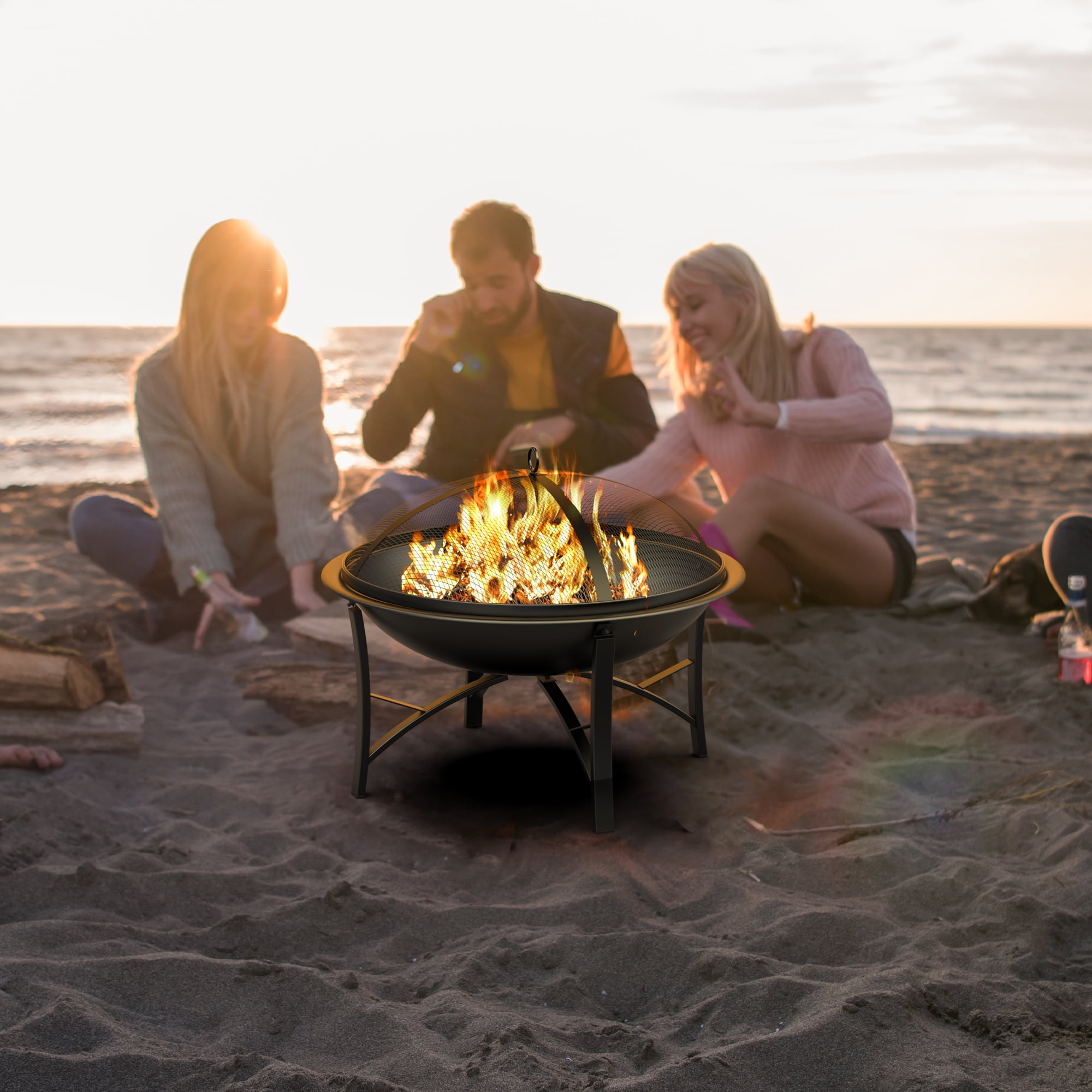 Fire Beauty 22" Outdoor Fire Pit – Heavy Duty Steel Wood Burning Fire Bowl with Cooking Grate & Spark Screen – Includes Log Grate & Poker for Camping, Beach, Backyard (Black)​