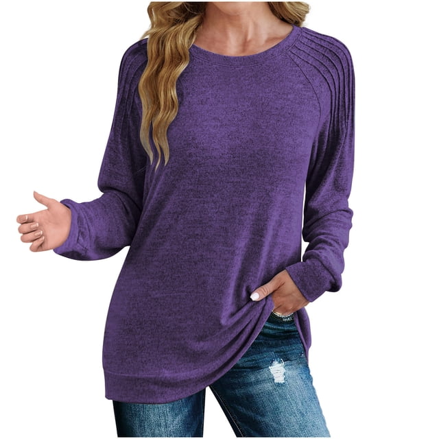 KIHOUT Spring Winter Womens Tops Fashion Solid Color Round-Neck Pullover Long Sleeve Loose Sweatshirts Tops