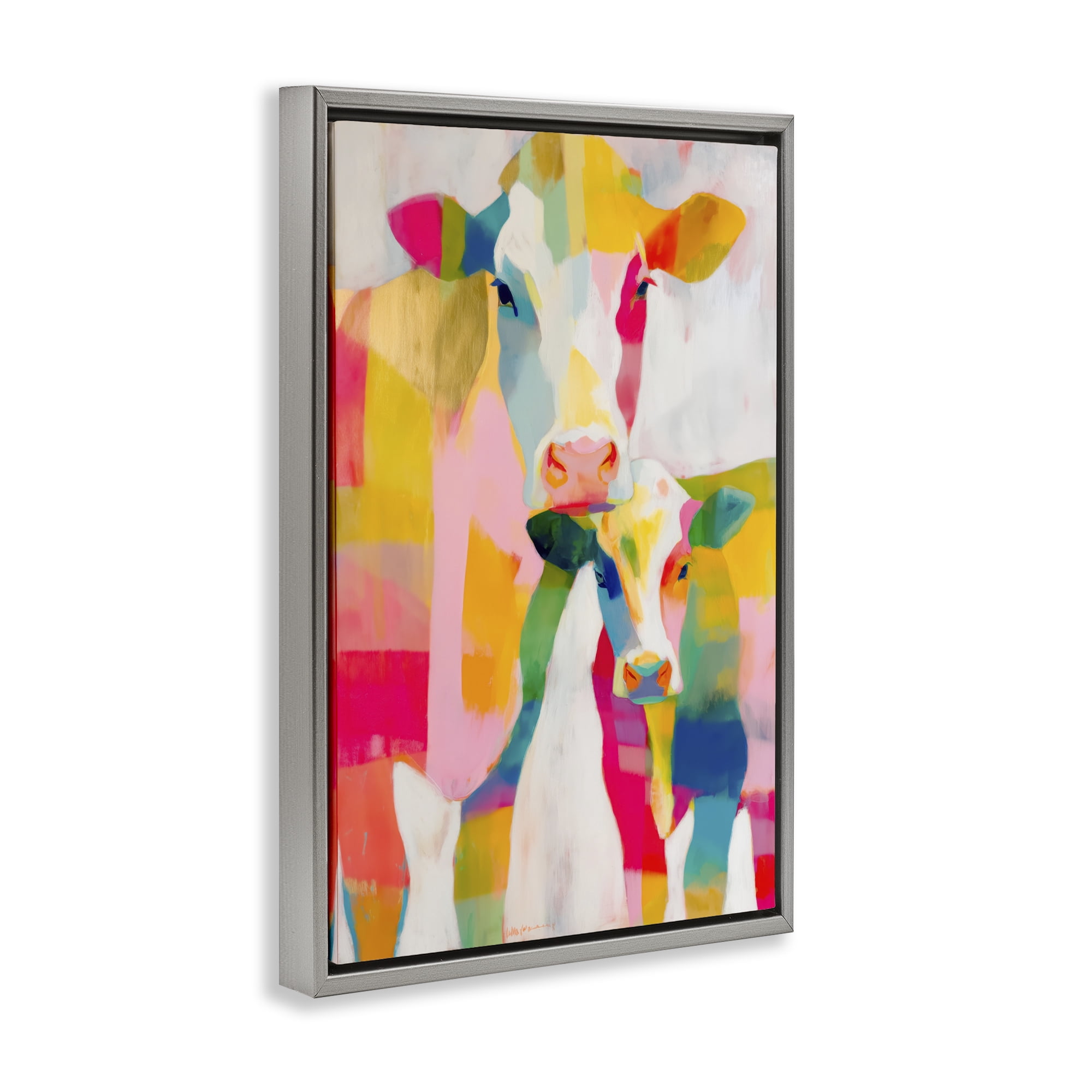 Stupell Industries Cow Family in Cubist Abstract Gray Framed Floater Canvas Wall Art, design by Chromatic Storm Studio