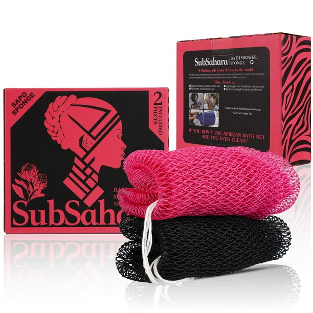 Subsahara Auténtica esponja de red africana 2 piezas exfoliante para todo tipo de piel Esponja de baño para cara y cuerpo, viaje portátil, duradera, suave exfoliación (negro y rosa)