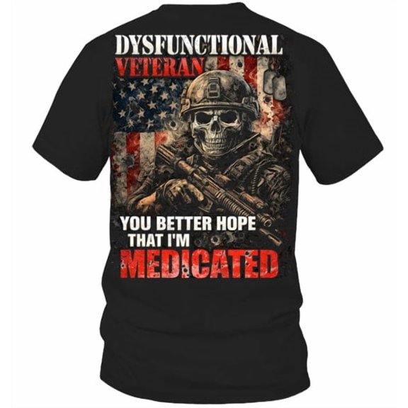 DailyMood Dysfunctional Veteran Humor Graphic Print Short Sleeve Cotton T-Shirt Black Large