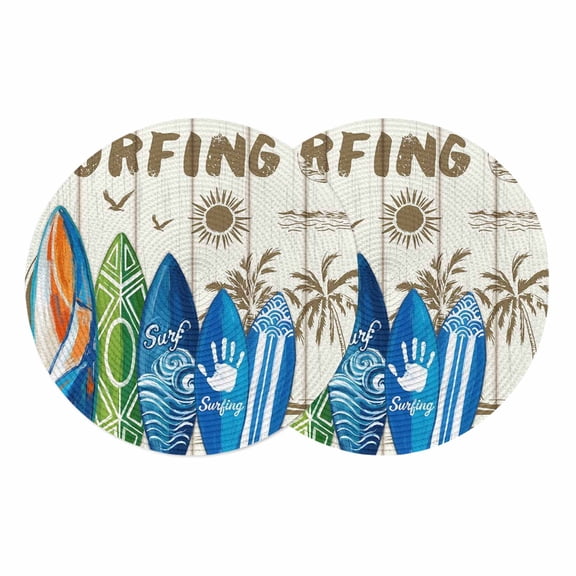 Beach Surfboard Round 13 Inch Placemats Set of 2, Summer Sea Surfing Tropical Botanical Tree HeatResistant Non Slip Place Mats for Dining Table, Wipeable Braided Kitchen Table Mats for Housewarming