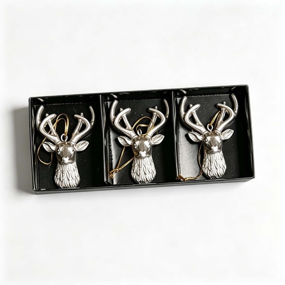 Diceymbol Resin Deer Head Christmas Ornaments Set of 3, Christmas Tree Hanging Decorations, Reindeer Head Pendant for Holiday Party Home Decor Gift Boxed