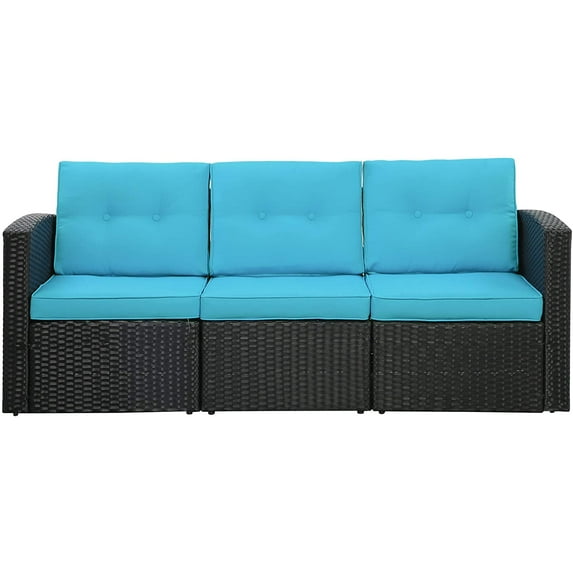 Cozyhom 3-Seat Outdoor Patio Sofa, PE Rattan Wicker Aluminum Frame Sectional Couch, Black/Blue