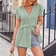 thumbnail image 3 of Blusa con cuello en V, volante y cierre de botones con estampado de lunares verdes - Camisa informal de verano para mujer, talla M, 3 of 6