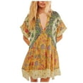 thumbnail image 2 of EliteGoogv Womens Boho Dresses Deep V Neck Short Sleeve Mini Dresses For Women Loose Fit Ruffle Hem Summer Dresses Vacation Beach Vacation Dresses Yellow, 2 of 8