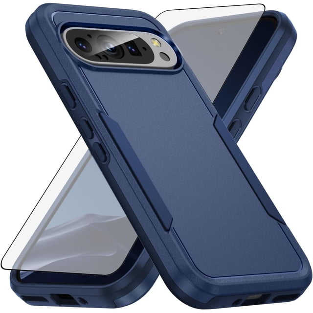 KOMI Phone Case Compatible with Google Pixel 9/9 Pro 5G Tempered Glass Screen Protector Cover and Slim Thin Hybrid Full Body Protective Mobile Cell Accessories Pixel9 9Pro Nine Women Men Blue
