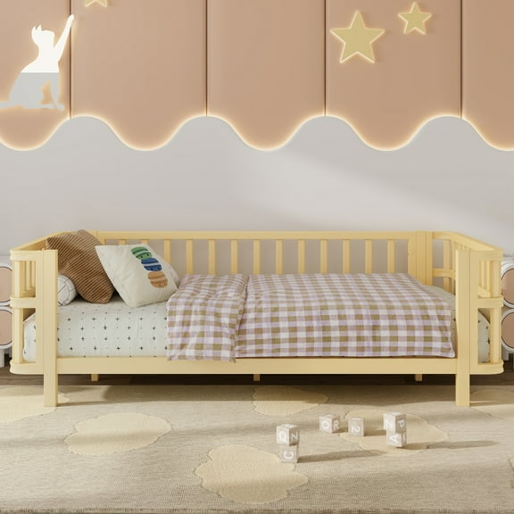 Double wooden platform bed with railings, a low iron double bed with railings, suitable for girls and boys, (Twin,Natural)