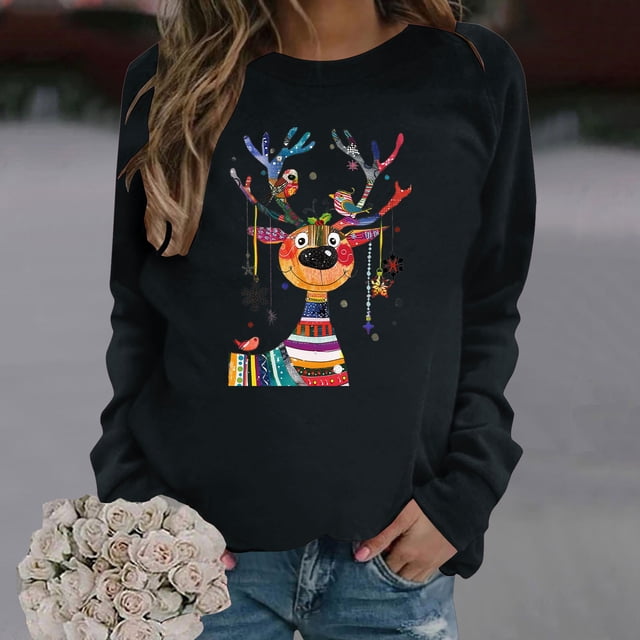 Jienlioq Hauts pour Femmes Mode de Noël Décontractée Imprimé Col Rond Ample Long Chandail en Molleton Sans Capuche Manches Cyberlundi