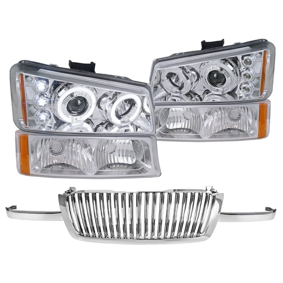 Spec-D Tuning Chrome Halo LED Projector Headlights   Bumper Lights   Grille Compatible with 2003-2005 Chevy Silverado Avalanche Left   Right Pair Headlamps Assembly