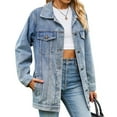 thumbnail image 2 of Jean Jackets for Women Trendy Button Down Denim Trucker Jackets Long Sleeves Frayed Hem Shacket Jacket Light Blue M, 2 of 10