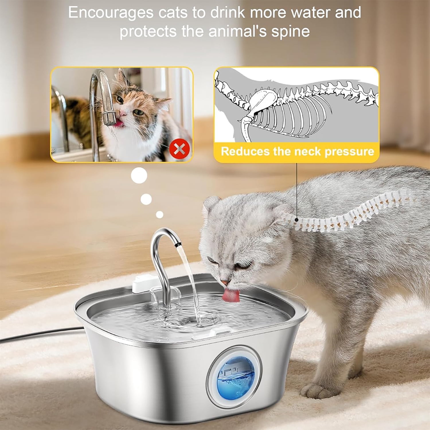Petavista 3.2L/108oz Cat Water Fountain Stainless Steel Faucet Automatic Fountain with Silent Pump