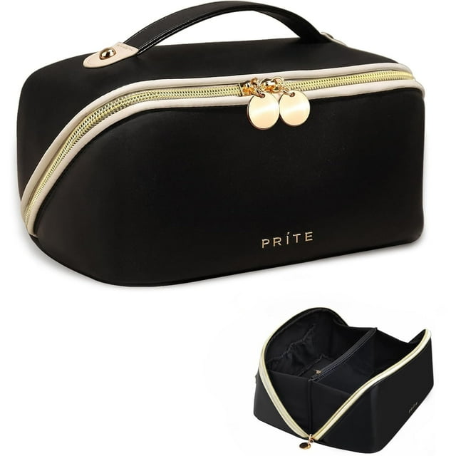 Bolsa de maquillaje Prite Travel impermeable de piel vegana negra