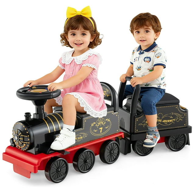Gymax Train à Chevaucher 6 V Jouet à Chevaucher à Pile avec Rangement sous le Siège et Wagon Noir