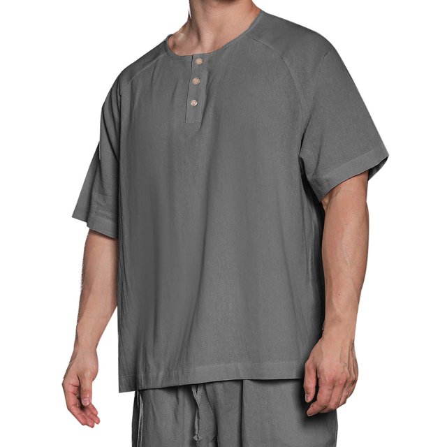 Playera Elvqul de Caballero Lino Gris Oscuro Algodón de Color Sólido Manga Corta Casual Cuello Redondo Botones