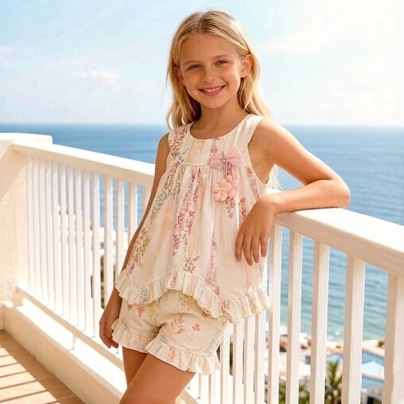 Toddler Girls 2PC Sleeveless Ruffle Outfit, Pink Floral Bow Top & Shorts,Size 2-3T