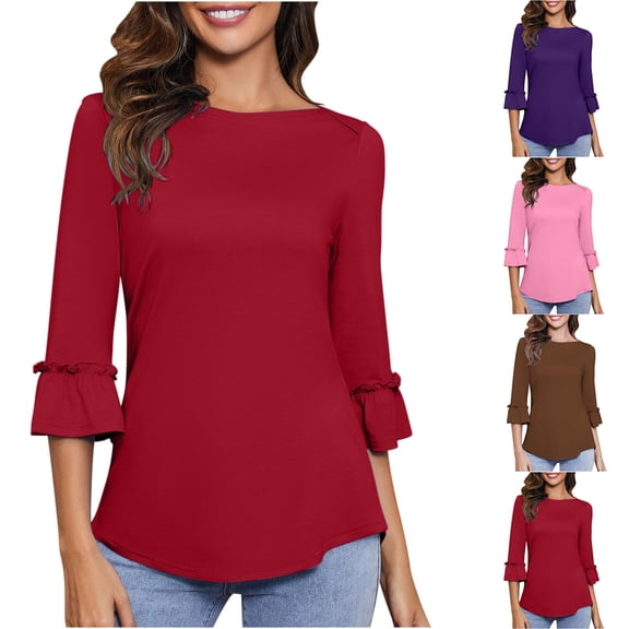 HVOBTTY Women's Comfortable Pullover Sport Tshirt,Summer Top for Women, Womens Casual Solid Color Crew Neck Ruffled 3/4 Sleeve Lightweight Daily Wear Tops Khaki, S