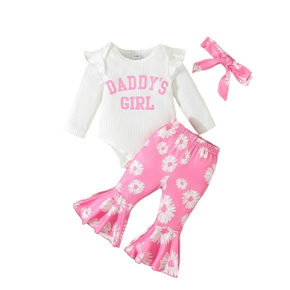 Taybagh Infant Girl Outfits Ruffle Preemie Clothes Girl Long Sleeve Romper Floral Pants Cute Headband Sets Letter Print Holiday Outfit White 0-3 Months