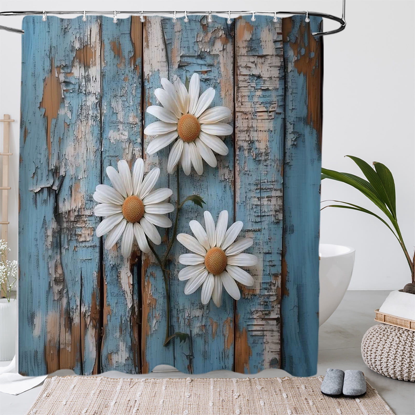 4pcs Rustic Wood and Blue Daisy Floral Farmhouse Shower Curtain Set