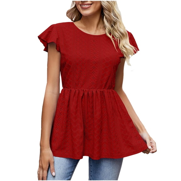 Jewelreauty Women Eyelet Peplum Tops Casual Ruffle Short Sleeve Round Neck Blouse Summer Solid Shirt