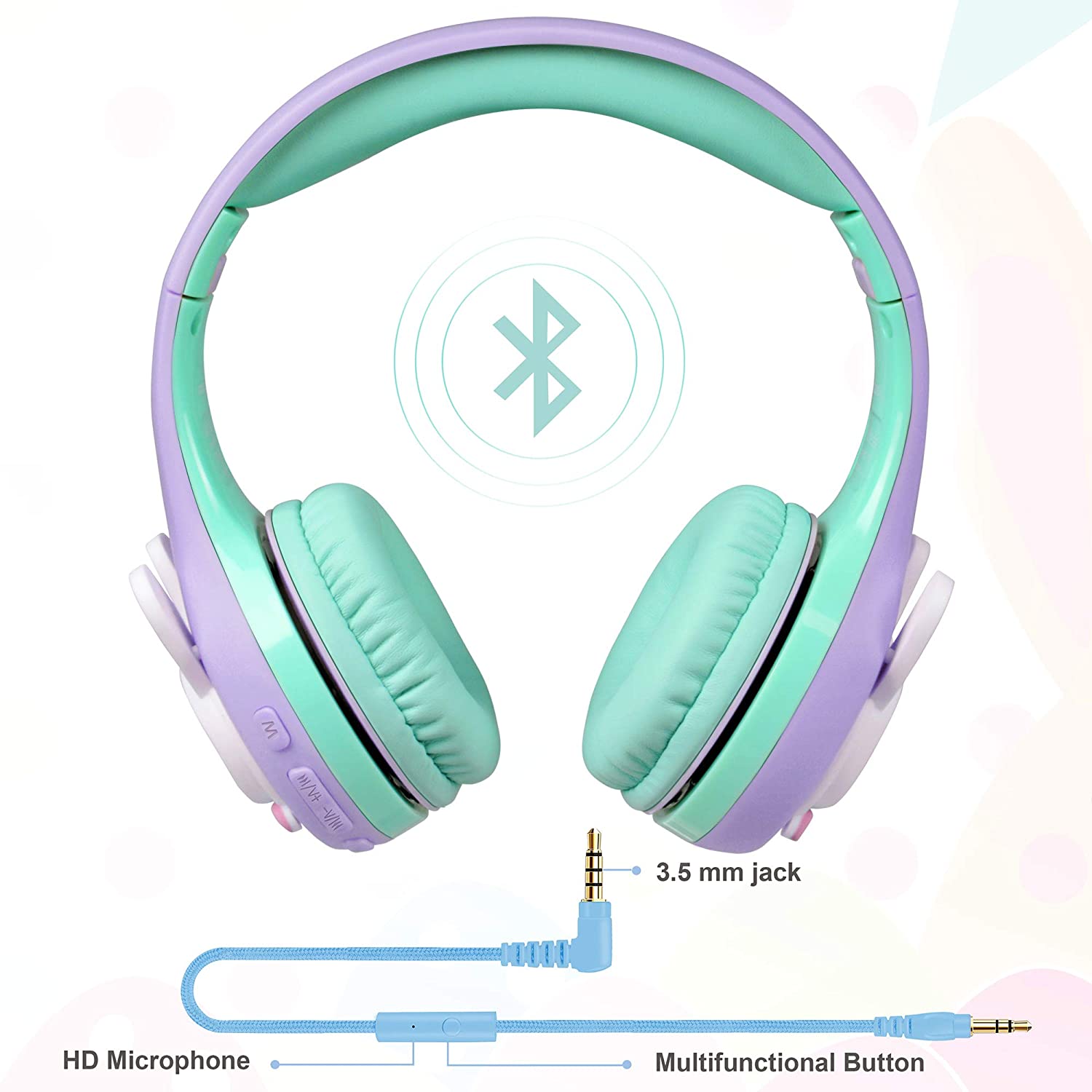Riwbox RB-7S Rabbit Kids Headphones Wireless, LED Light Up Bluetooth Over Ear Headset Volume Limited Safe 75dB/85dB/95dB with Mic and TF-Card, Children Headphones for Girls Boys (Purple&Green)