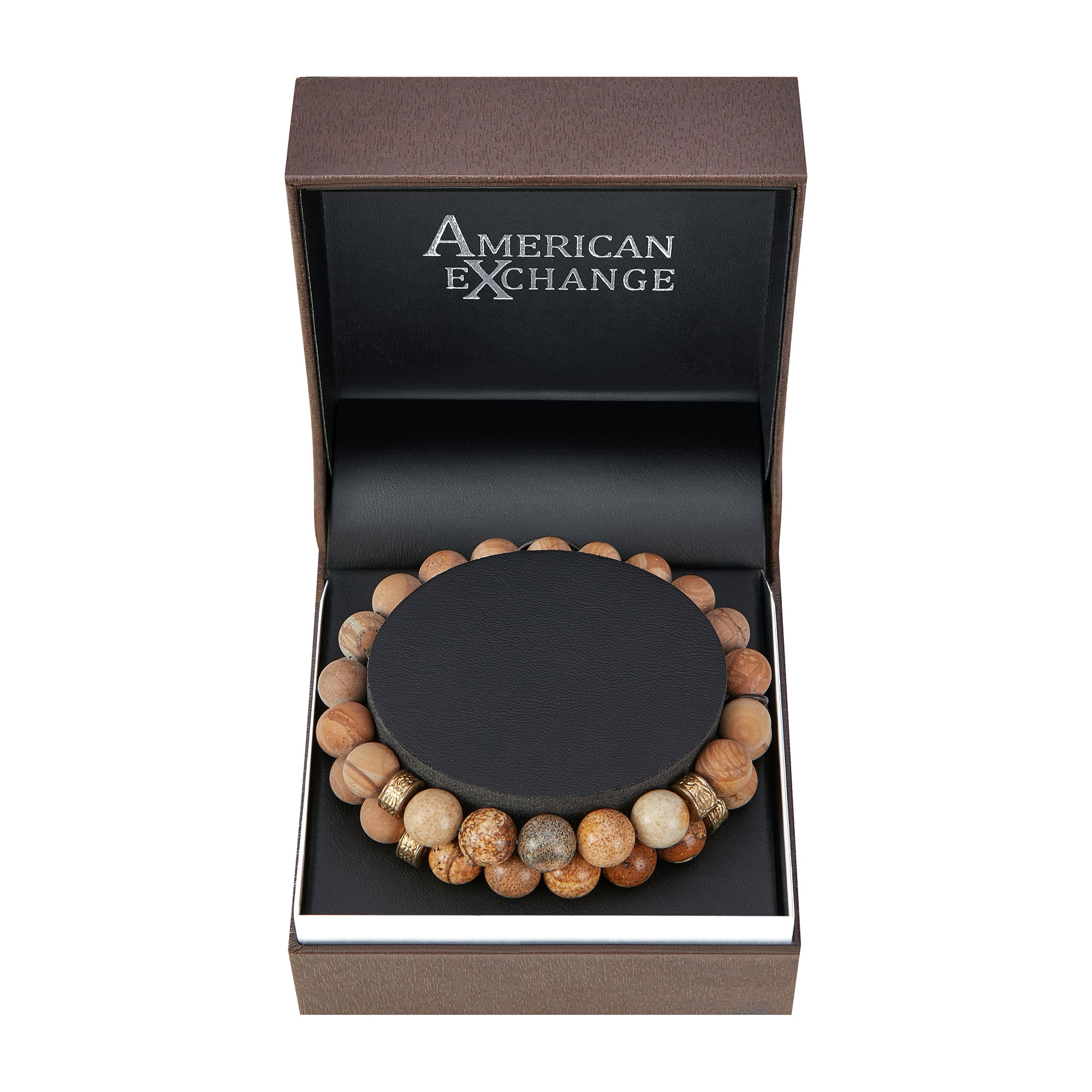American Exchange Men's 2 Piece Precious Stone & Alloy Gold/Brown Beads Bracelet Set