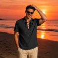thumbnail image 4 of Men's Linen Shirts Short Sleeve Stand Collar Lace Up T Shirts Casual Lightweight Breathable Relaxed Fit Summer Tees, M, 4 of 7