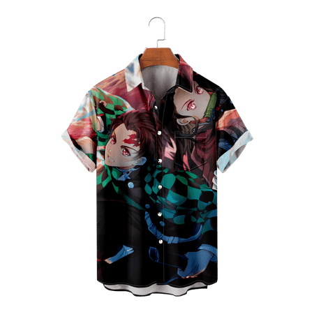 

MLFU Demon Slayer Teens Mens Short Sleeve Button Down Aloha Beach Shirt Casual Printed Shirt with Pocket Bowling Shirts Sizes Kids-Adult Unisex