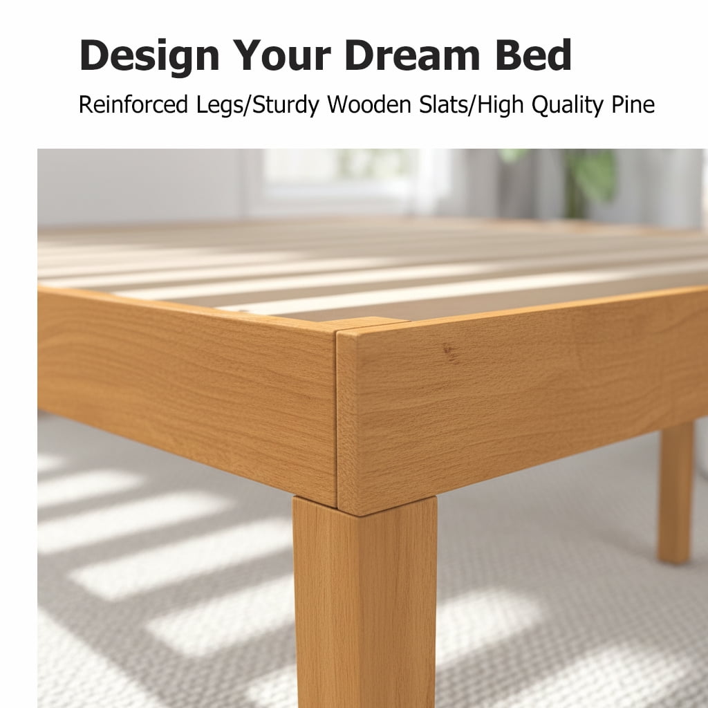 ACCVER Solid Wood Queen Size Bed Frame - 12in Natural Pine Platform Base with Wood Slats, Noise-Free & No Box Spring Needed, Natural Finish, Easy Assembly