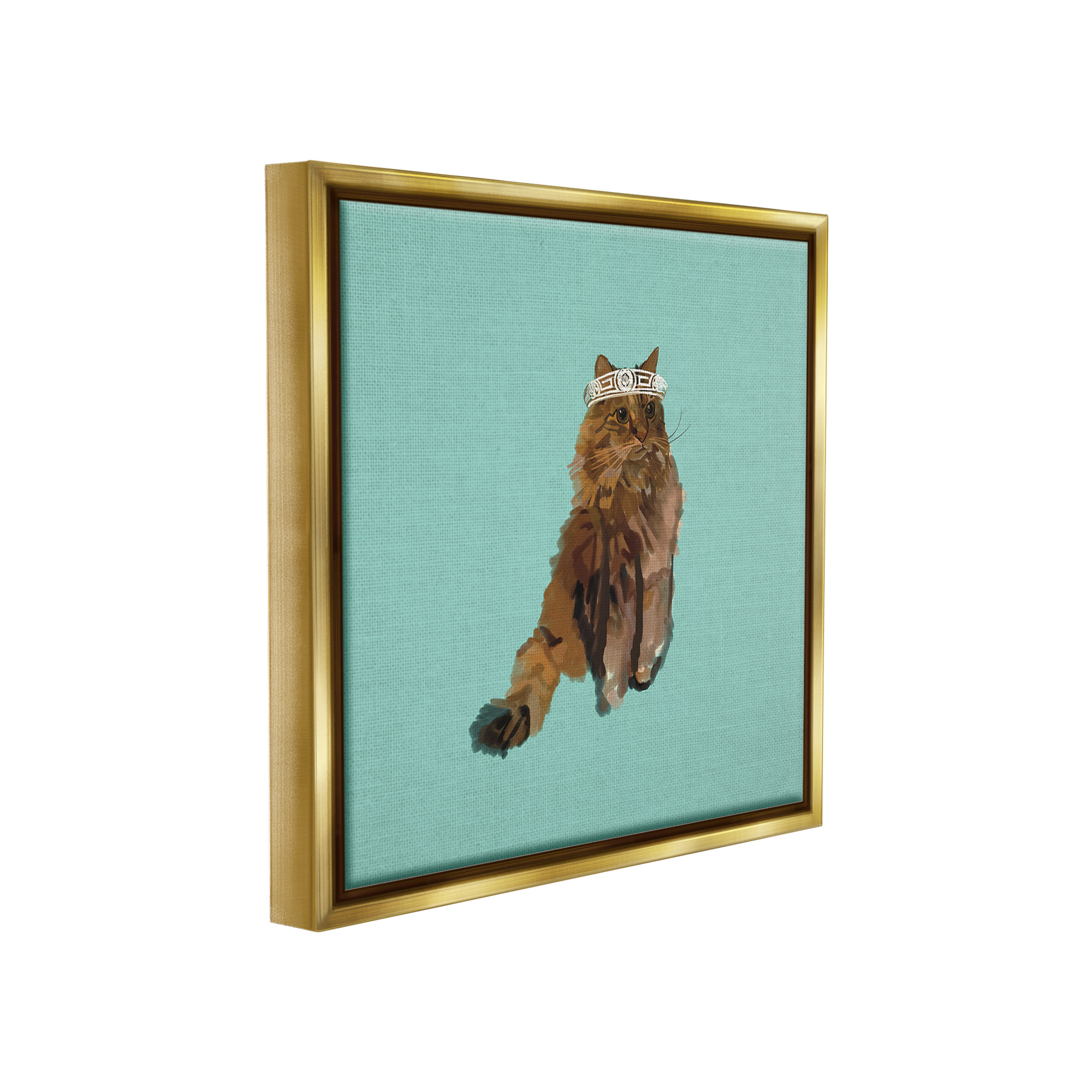 Stupell Industries Royal Cat in Crown Animals & Insects Painting Gold Floater Framed Canvas Art Print Wall Art, 25 x 25
