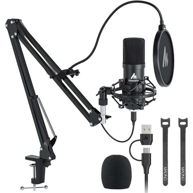Kit Micrófono USB Condensador MAONO Negro con Chipset de Sonido Profesional para Gamer y Streaming