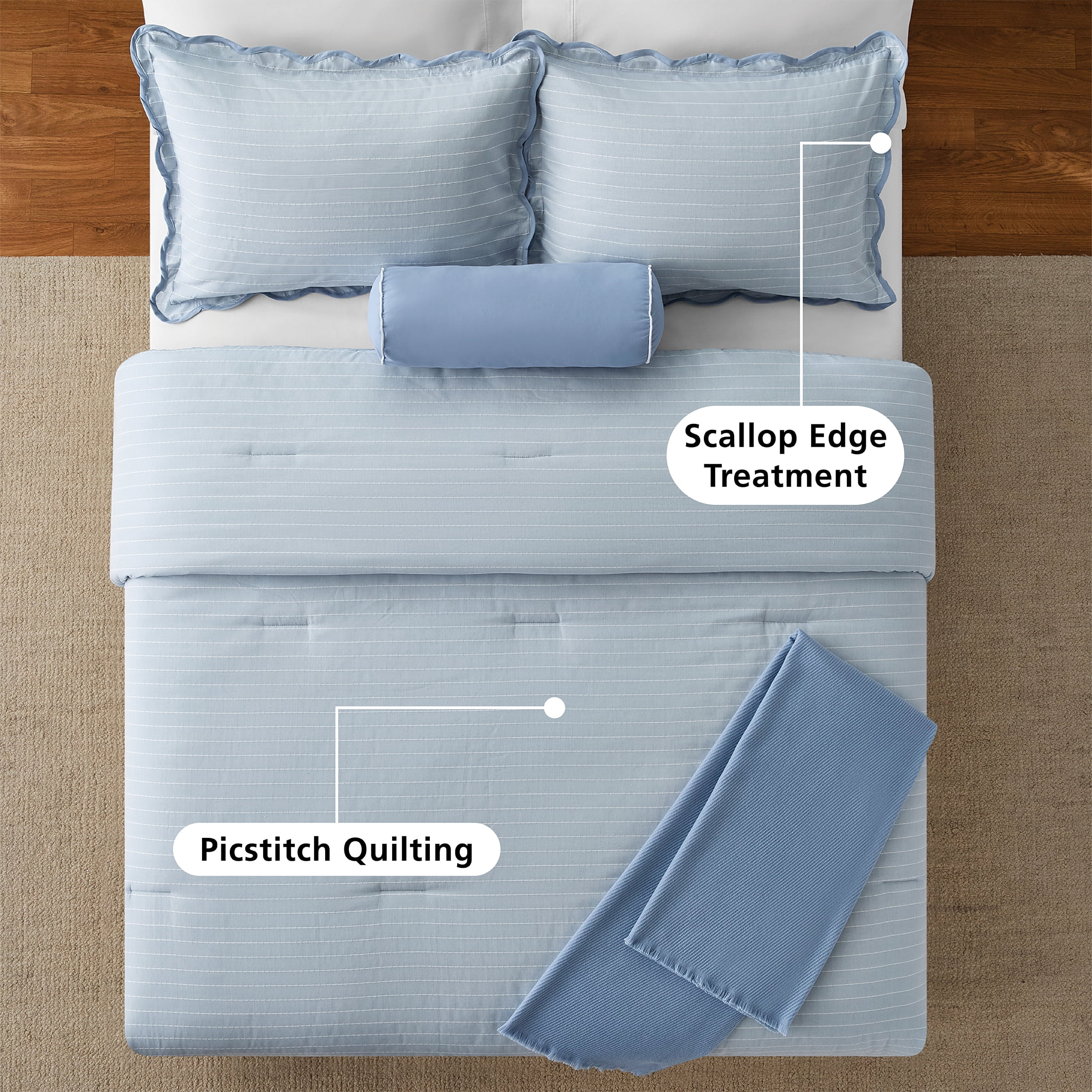 Mainstays King Comforter Set, All-Season, 5-Piece, Blue Pick Stitch Scallop