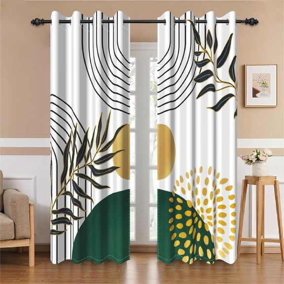 Mid Century Blackout Curtains, Green And Yellow Window Curtain For Living Room Abstract Minimalist Arch Darkening Drapes With Grommets 26"W x 63"L (Pack of 2)