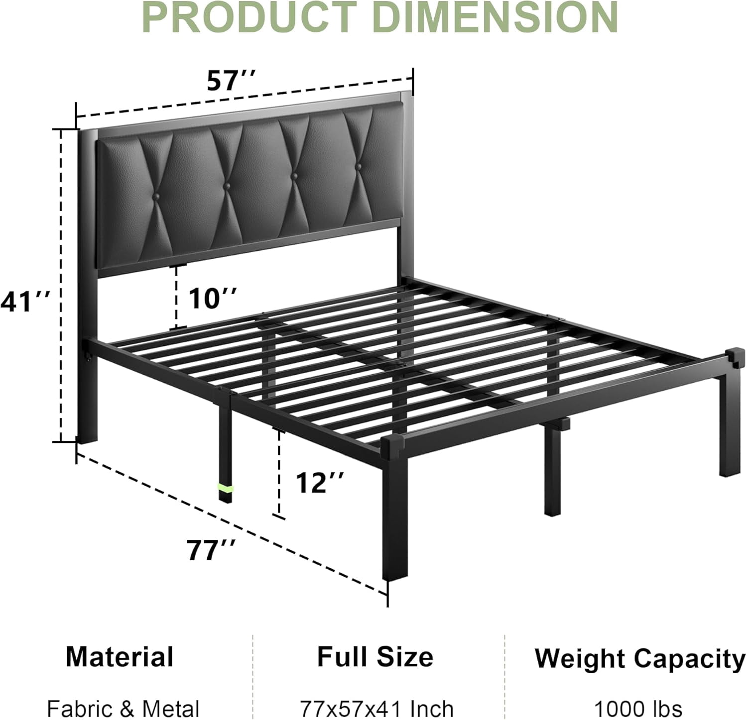 Feonase Full Size Metal Platform Bed Frame,Faux Leather Button Tufted Headboard&12" Underbed Storage,  Black