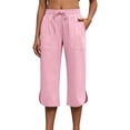 thumbnail image 3 of KIHOUT Women High Waisted Wide Leg Capri Pants Solid Color Drawstring Elastic Waist Casual Cropped Trousers with Pockets Side Slit Summer Beach Pants, 3 of 7