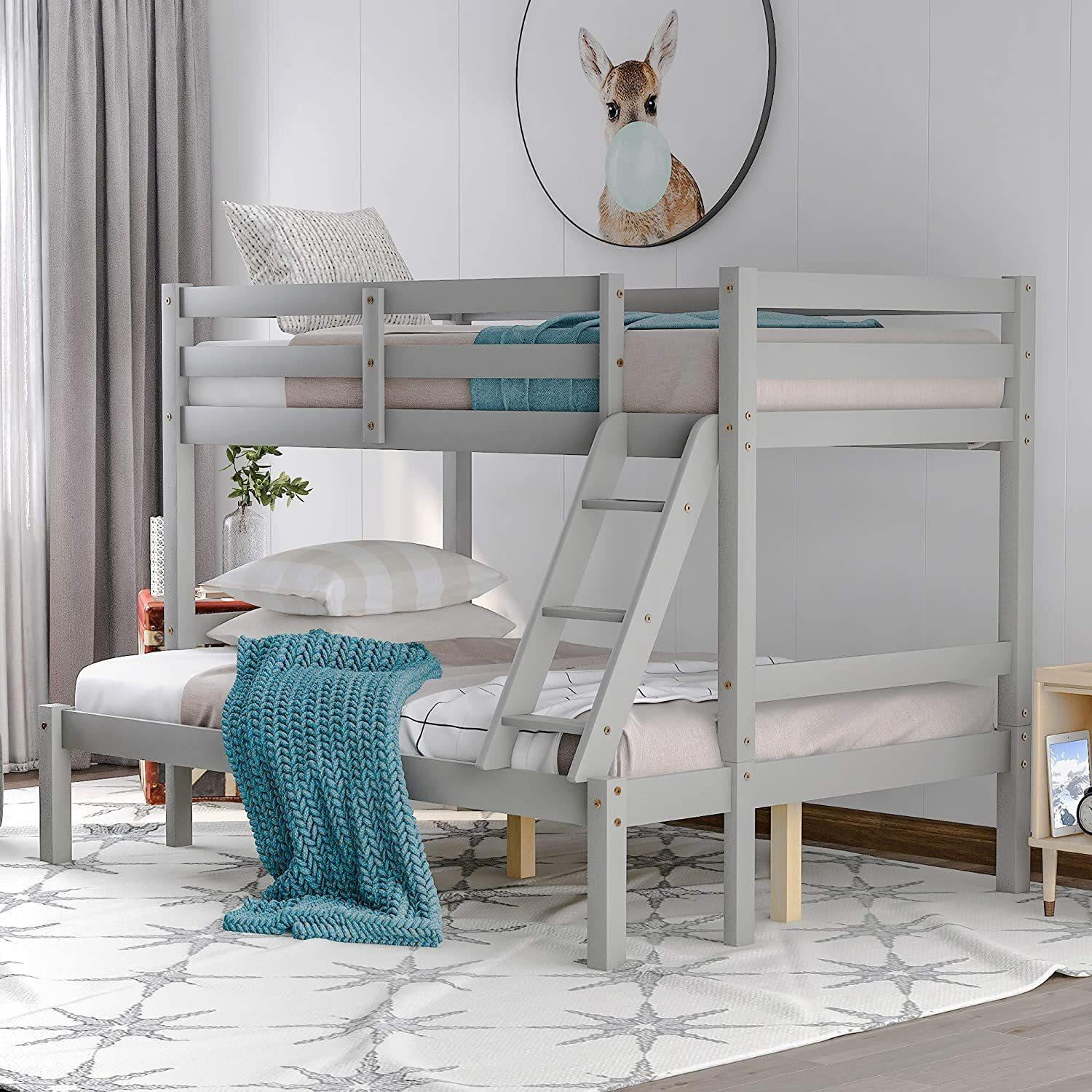 Twin Over Full Bunk Bed, Solid Wood Bunk Loft Bed Frame with Guardrail