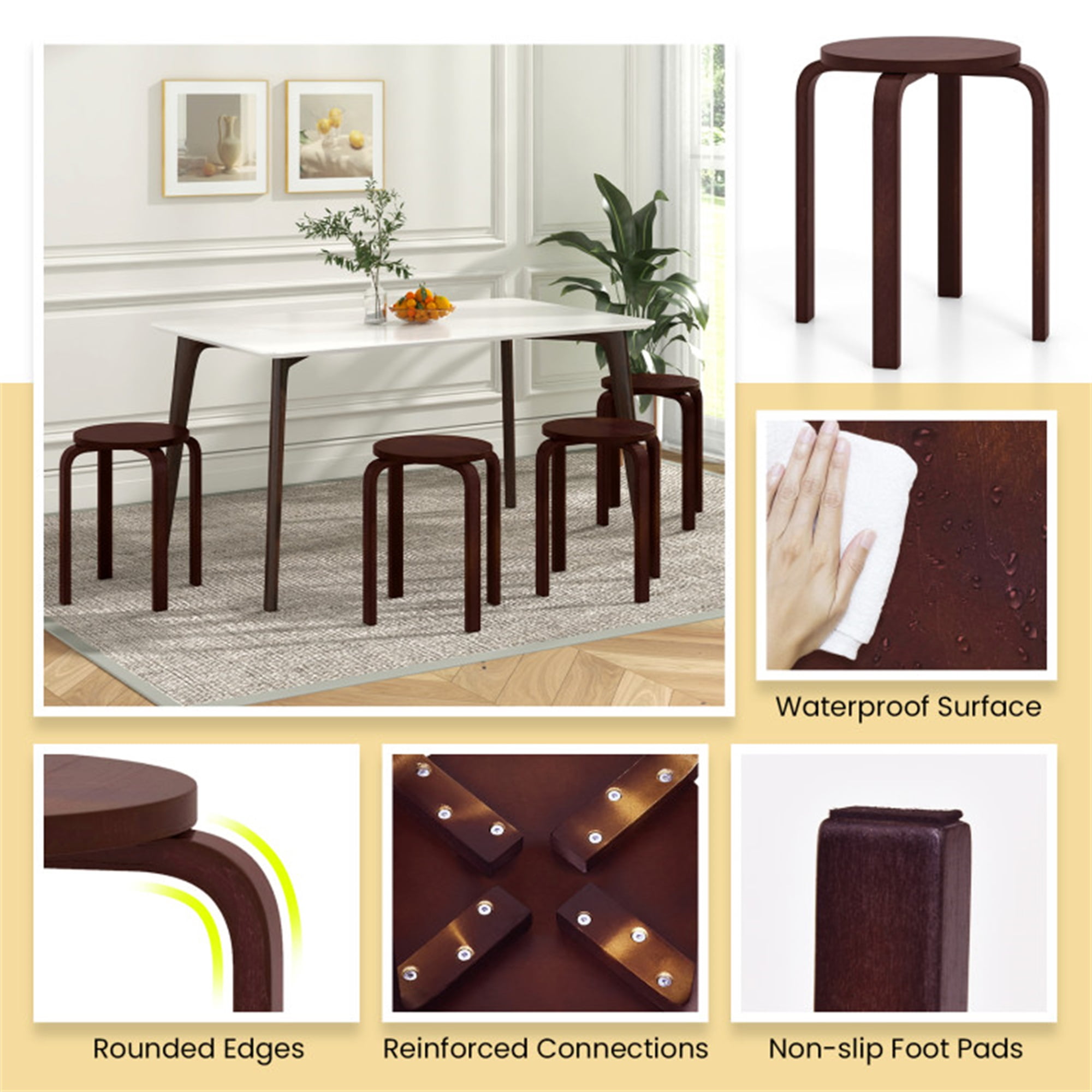 Demi Bonn Set of 4 18" Wood Home Backless Dining Chairs with Stackable Space Saving Design, Brown