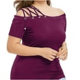 thumbnail image 2 of LEBONYARD Womens Summer Tops,Women Plus Size One Shoulder Solid Bandage Short Sleeve Tops T-Shirt Blouse Purple XXL, 2 of 9