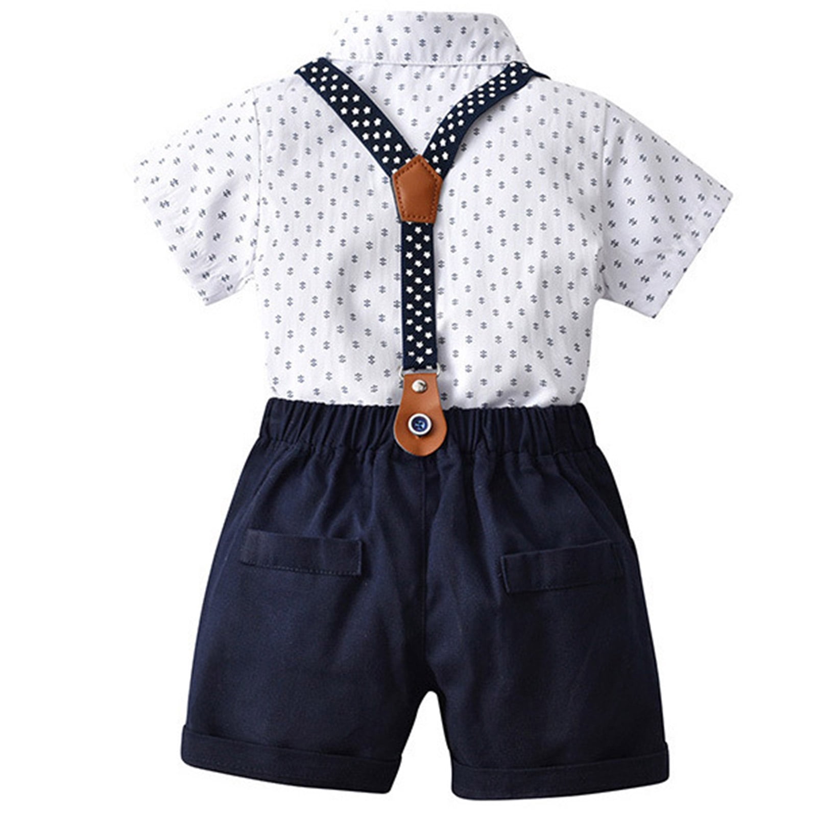 Wxirdiow Toddler Boy Outfits Baby Boy Clothes Suit Infant Short Sleeve Gentleman Outfits Dress Shirt+Bowtie+Suspender Shorts Blue Size,4-5 Years