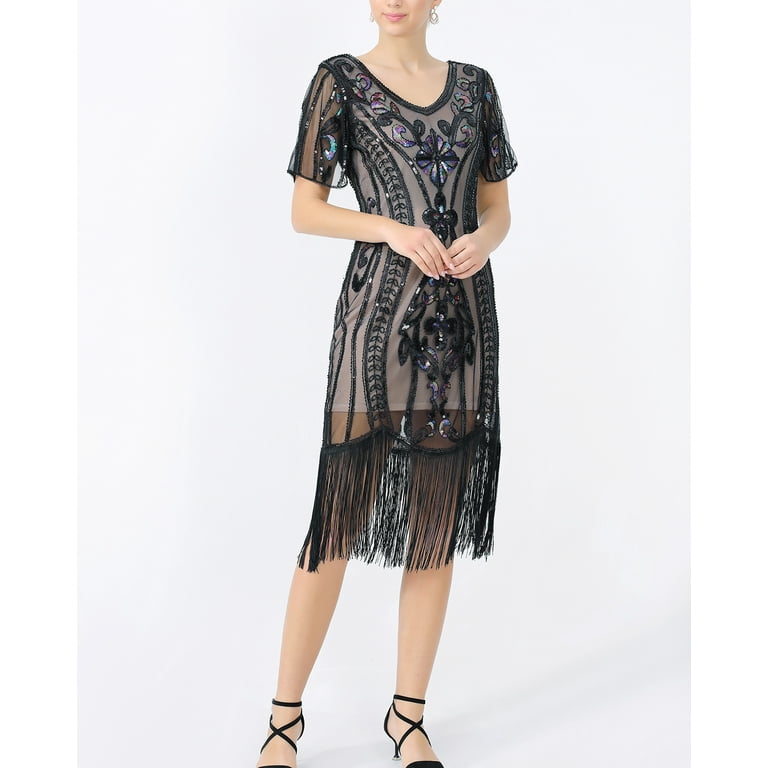 Short Sleeve Deco Fringe Flapper Dress 1920S Beaded Flapper Dress W/ Fringe  - Walmart.com