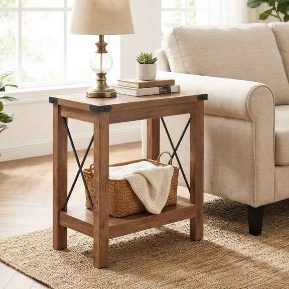 LEDREM 2-Tier Farmhouse End Table, Small Side Table with Bottom Shelf, Nightstand for Living Room, Bedroom, 23.6 x 21.6 x 11.8 Inches, Honey Brown