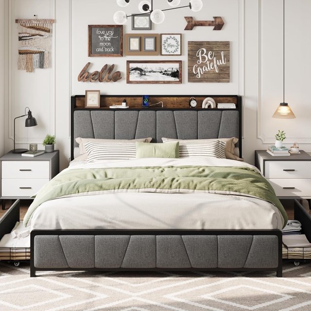 Memoryfield King Size Bed Frame with 2 Storage Drawers and Charging Station, Linen Upholstered Platform Bedframe, No Box Spring Needed, Gray