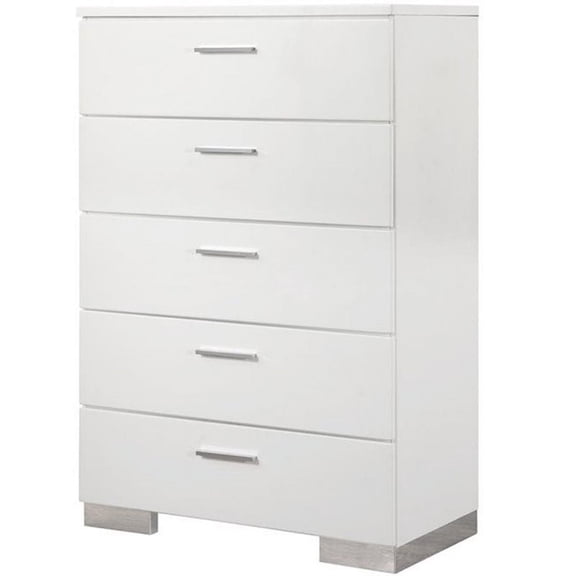 Bowery Hill 5 Drawer Chest in Glossy White and Silver