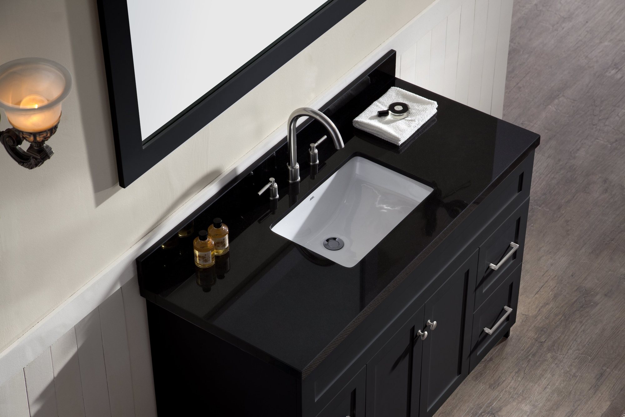 ARIEL Hamlet 49 in. Bath Vanity in Black with Granite Vanity Top in Absolute Black with White Basin and Mirror