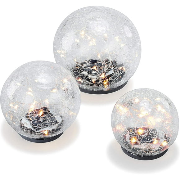 Set Of 3 "Golden Balls" Light Balls - Pleasantly Warm White Light - Fantastic Light Effects Thanks To Broken Glass Optics - Sizes: 10, 12 & 15 Cm - Solar Lamp Garden Lighting Solar Light